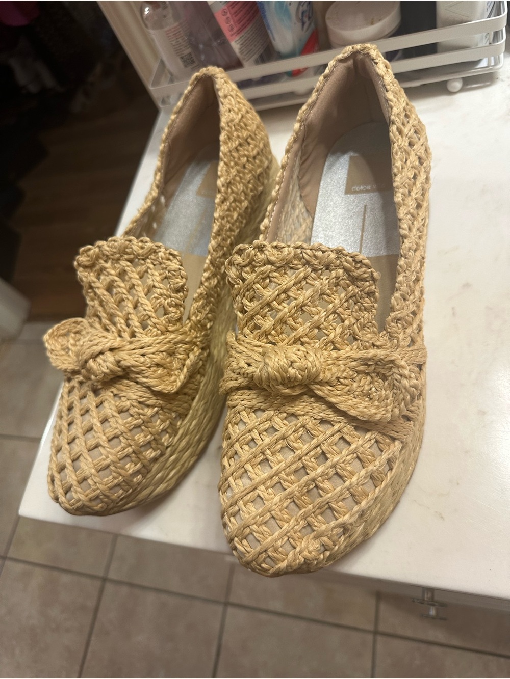 Woven Raffia Loafers with Knot Accent - Beige